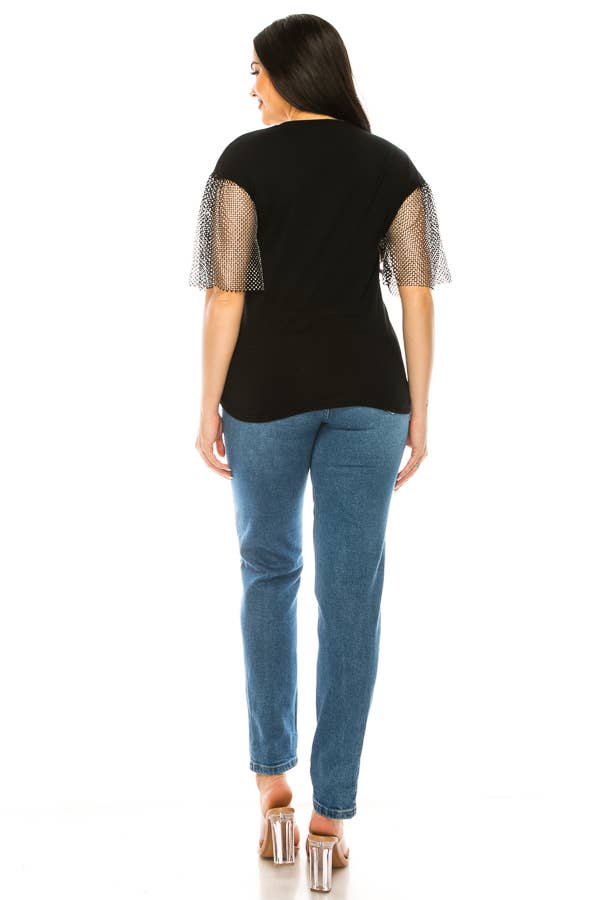 (ST2736)Fishnet Sleeves Mosaic T-shirts: Black / L