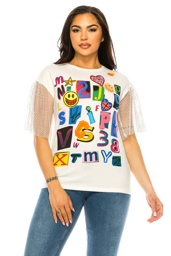 (ST2736)Fishnet Sleeves Mosaic T-shirts: Black / S