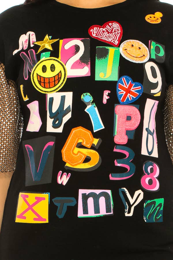 (ST2736)Fishnet Sleeves Mosaic T-shirts: Black / M