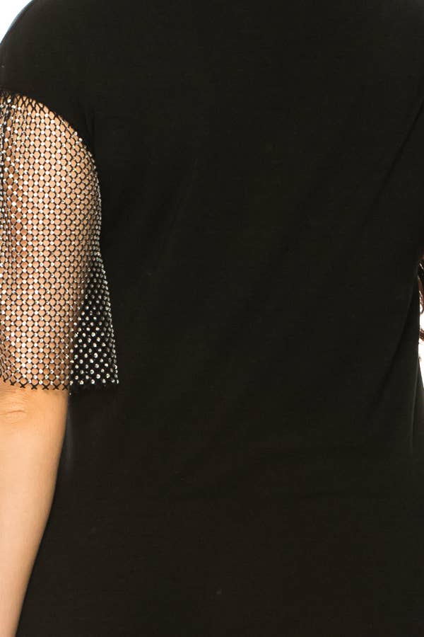 (ST2736)Fishnet Sleeves Mosaic T-shirts: Black / L