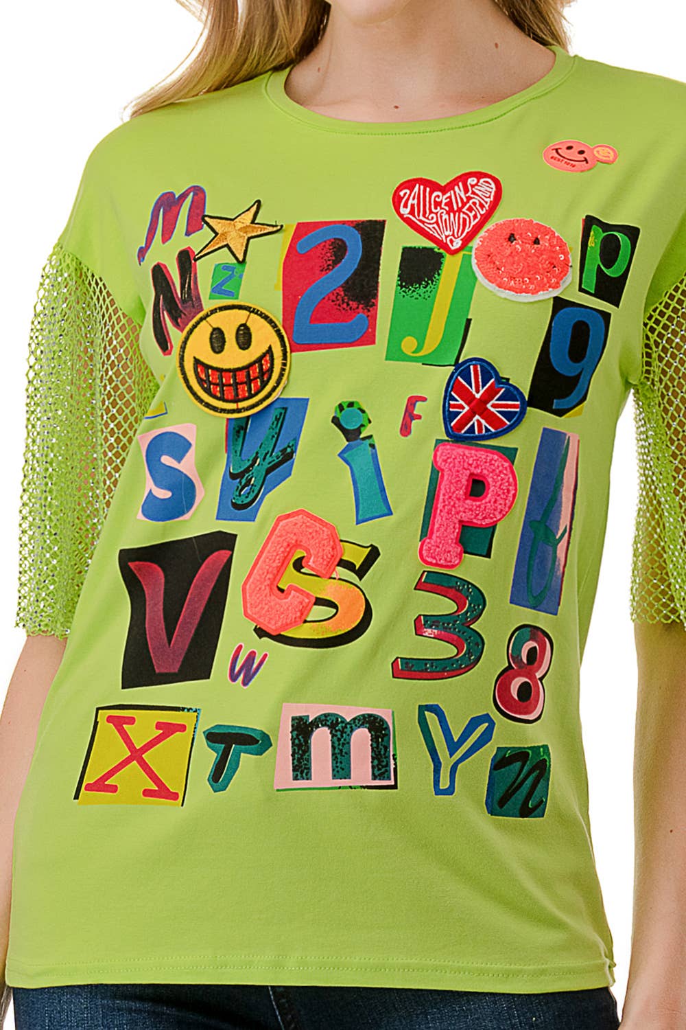 (ST2736)Fishnet Sleeves Mosaic T-shirts: Black / M