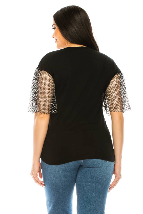 (ST2736)Fishnet Sleeves Mosaic T-shirts: Black / M