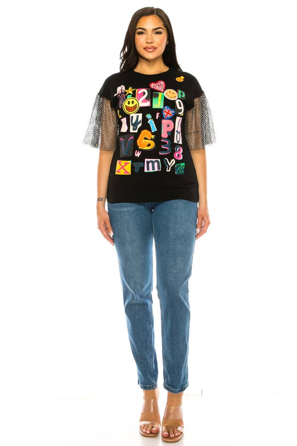 (ST2736)Fishnet Sleeves Mosaic T-shirts: Black / S