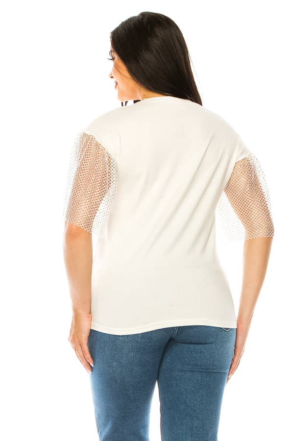 (ST2736)Fishnet Sleeves Mosaic T-shirts: Black / S