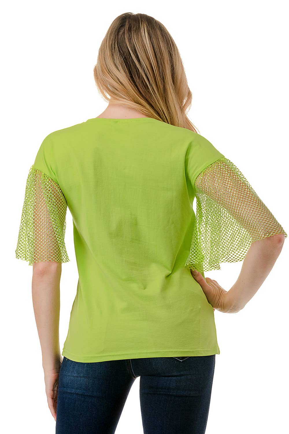 (ST2736)Fishnet Sleeves Mosaic T-shirts: Black / S