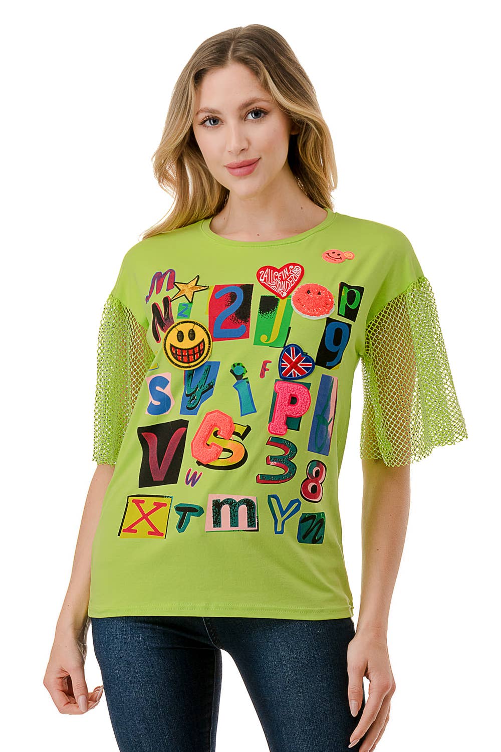 (ST2736)Fishnet Sleeves Mosaic T-shirts: Black / L