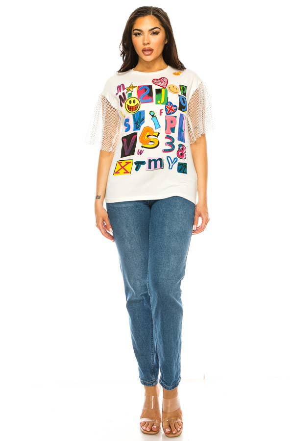 (ST2736)Fishnet Sleeves Mosaic T-shirts: Black / L