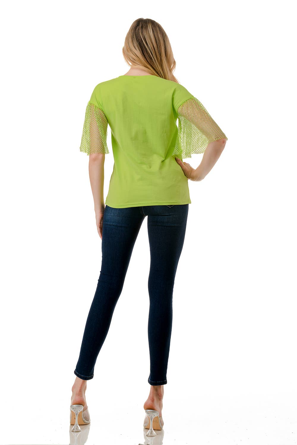 (ST2736)Fishnet Sleeves Mosaic T-shirts: Black / S