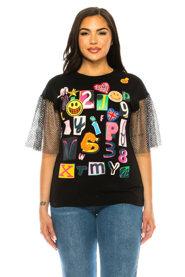 (ST2736)Fishnet Sleeves Mosaic T-shirts: Black / S