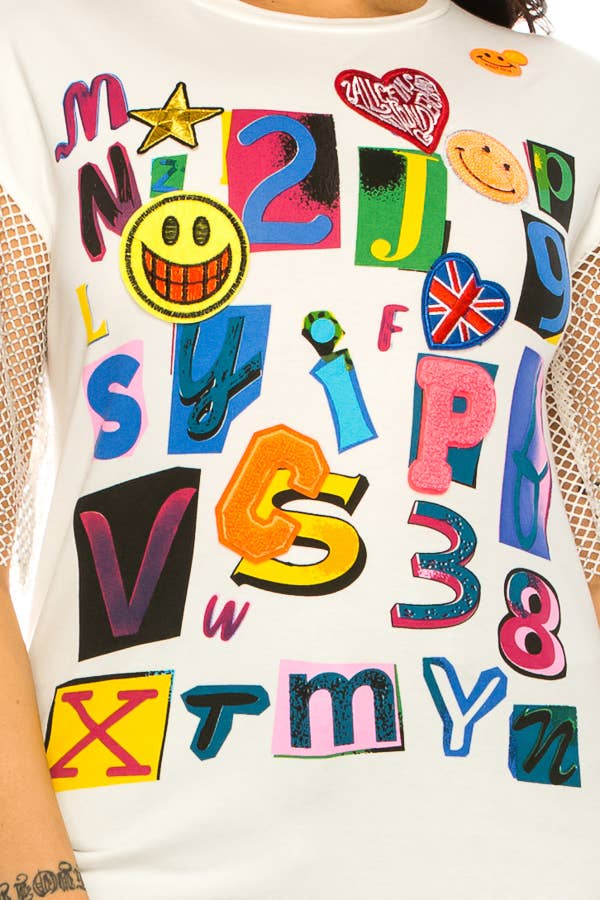 (ST2736)Fishnet Sleeves Mosaic T-shirts: Black / L