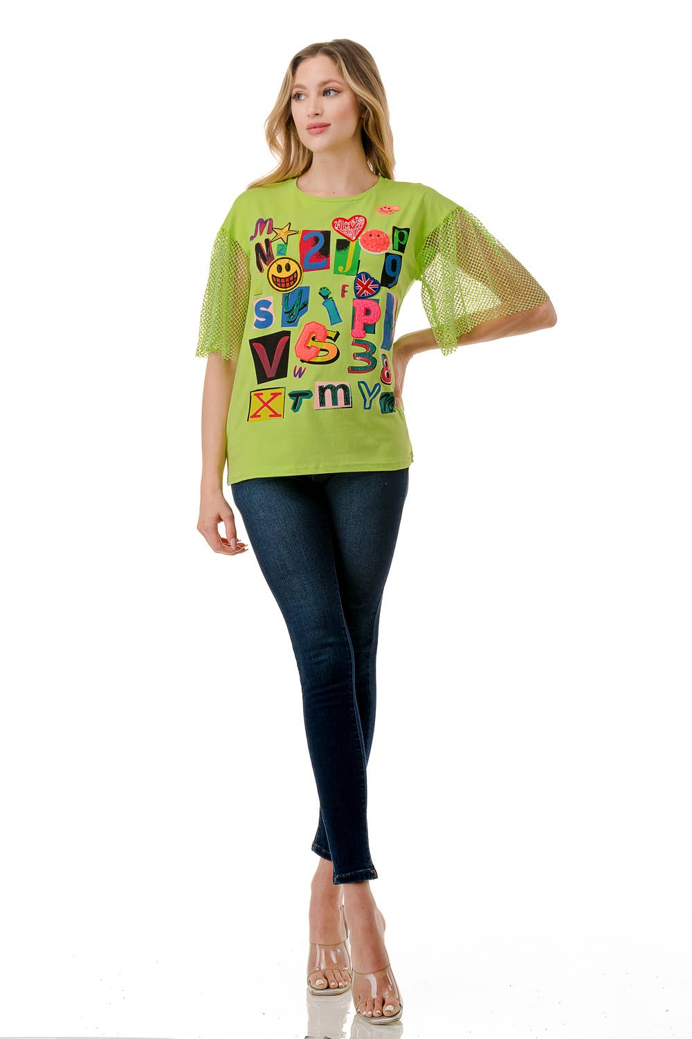 (ST2736)Fishnet Sleeves Mosaic T-shirts: Black / M